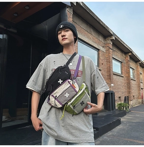 Detailed view of utilitarian nylon chest bags in black, beige, and green colorways