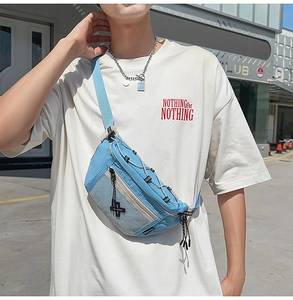 Detail shot of light blue nylon chest bag with grey mesh pocket and adjustable strap
