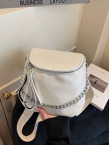 Fashion Women PU Leather Saddle Bag With Metal Chain Wide Webbing Strap Casual Shoulder Crossbody Bag For Daily Use