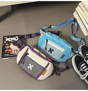 Detail of waterproof nylon chest bags with mesh pocket and adjustable wide straps