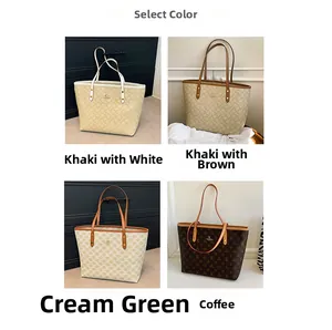 Collage showing four classic monogram tote bags in khaki, brown, green, and coffee colors