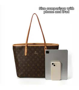 Brown monogram tote bag showing size comparison with smartphone and tablet devices