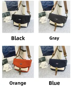 Nylon crossbody bag detail showing black, gray, orange, and blue options with buckle