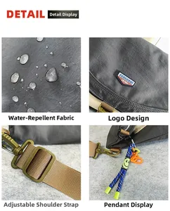 Detail view of water-resistant nylon fabric with droplet effect and adjustable strap