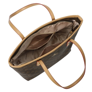 Detail view of large tote bag interior with zipper pocket and brown logo print