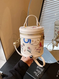 Fashion Graffiti Bucket Bag For Women PU Leather Cartoon Printed Cylinder Handbag With Top Handle Adjustable Shoulder Strap