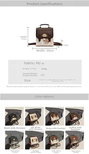 Size chart showing PU leather backpack dimensions 21x20x7.5cm and material details