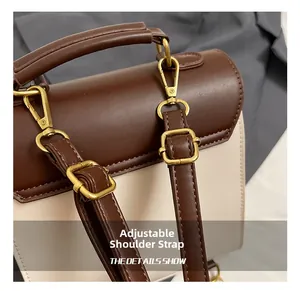 Detailed view of the adjustable shoulder strap and gold hardware on the two-tone bag