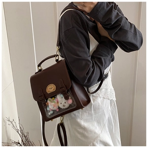 Detailed view of British style vintage brown backpack with a clear transparent display window