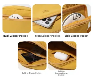 Vista dettagliata della borsa a tracolla in nylon giallo con tasche multiple e zip resistenti