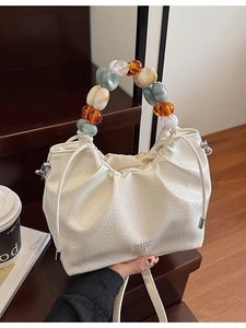 Fashion Women's Pleated PU Leather Bucket Bag With Colorful Bead Handle Niche Design Drawstring Shoulder Crossbody Bag