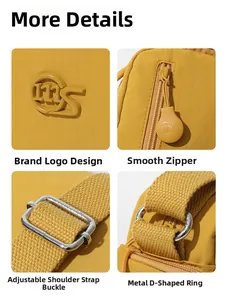 Dettagli della borsa a tracolla in nylon giallo con logo in gomma e fibbie argentate