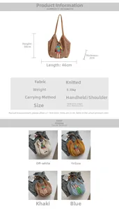Detailed size specifications and weight information for the knitted shoulder tote bag