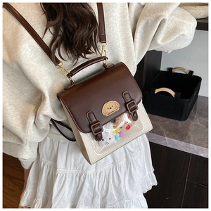 Detail of vintage contrast backpack with puppy embroidery and clear display window