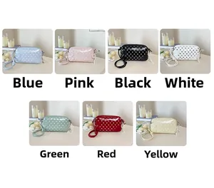 Polka dot crossbody bags with embossed B logo and pearl chain detail in various colors