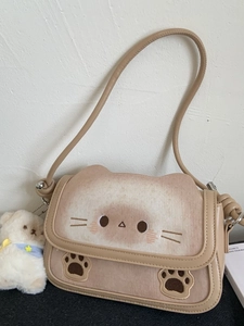 Simpatica Borsa Quadrata in Pelle PU a Tema Gatto Ricamo Viso Animale Kawaii Borsa a Tracolla da Donna Abbinamento Quotidiano
