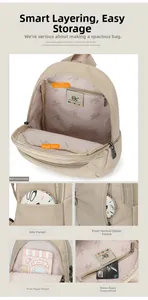 Détails d'un sac à dos beige grande capacité montrant le compartiment iPad et les poches