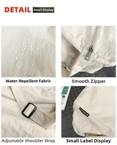 Détail du tissu résistant à l'eau avec fermeture éclair en métal et étiquette de marque