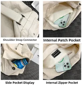 Détails du sac fourre-tout en nylon montrant la poche latérale et le compartiment zippé interne