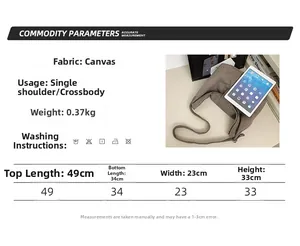 Size chart and dimensions for the large canvas crossbody bag with washing instructions