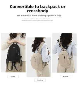 Mini sac à dos en nylon montrant trois styles: à la main, à l'épaule ou en sac à dos