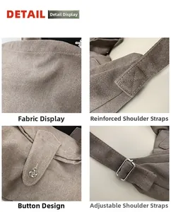 Detailed views of brown canvas tote showing reinforced stitching and adjustable strap buckle