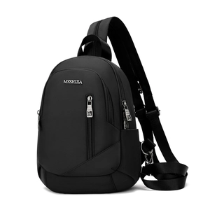Détail d'un sac bandoulière en nylon noir avec logo métallique et poches zippées multiples