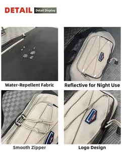 Detail view of water-resistant fabric with reflective safety strip and smooth double zippers