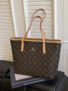Women Large Capacity Monogram Tote Bag PU Leather Shoulder Bag Vintage Commute Contrast Color Handbag Daily Work Bag