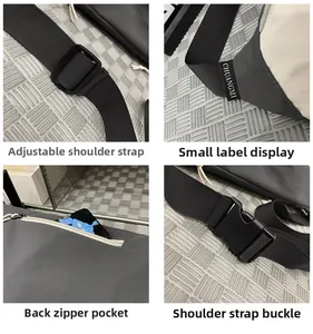 Detail of adjustable nylon strap, buckle and back zipper pocket on dark gray crossbody bag