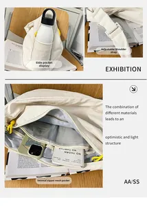 Detail view of canvas crossbody bag showing side pocket, mesh zipper and adjustable strap