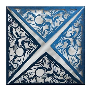 Detailed laser-cut navy blue floral lace invitation cover with intricate vine patterns