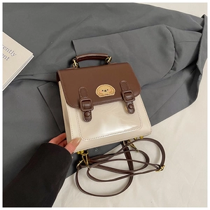 Detail view of contrast color backpack featuring a clear PVC pocket and dog embroidery