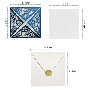 Detailed blue laser-cut invitation sleeve set with dimensions for wedding and holiday cards