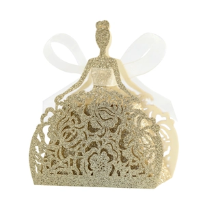 Boîte cadeau ajourée dorée à paillettes avec motif rose et ruban en soie blanc élégant