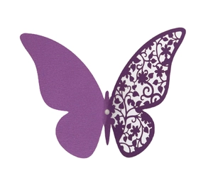 3D hollow laser-cut butterfly wall sticker in purple with elegant floral wing patterns