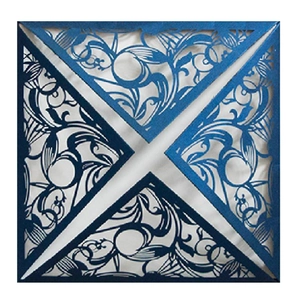 Elegant navy blue laser cut wedding invitation card with intricate floral pattern on white