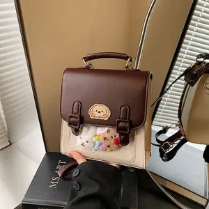 Preppy Style Mini PU Leather Backpack For Women Vintage Ita Bag With Transparent Window Cute Cartoon Dog Patch Daily Bag