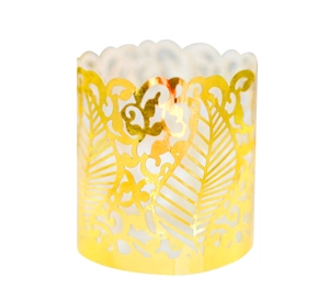 Detailed laser-cut gold hollow pattern paper wrapper for LED tea light candles and cupcakes