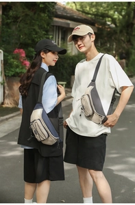 Outdoor shot of casual nylon chest bags with contrast colors and adjustable straps