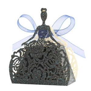 Boîte à bonbons découpée au laser silhouette princesse bleu marine pailleté avec ruban