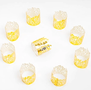 Set of 8 hollow laser-cut gold rose paper lampshades and decorative napkin rings