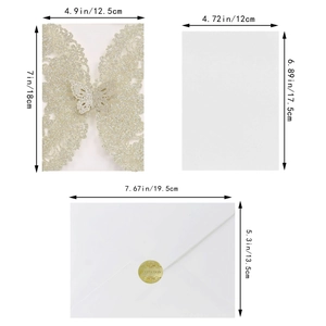 Laser-cut butterfly invitation set with detailed size dimensions in inches and cm