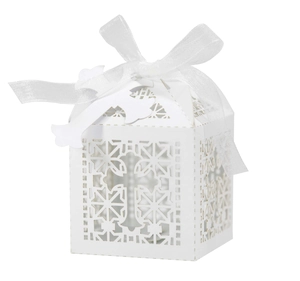Elegant white laser-cut wedding favor box with cross pattern and white silk ribbon bow