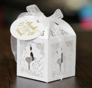 Detailed laser-cut wedding favors box with hollow rose patterns and thank you tag