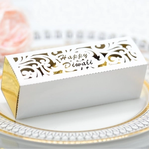 Laser cut Happy Diwali white and gold favor box for sweets and chocolates