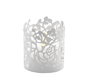 Elegant white hollow rose pattern metal lantern with warm LED candle light for party decor
