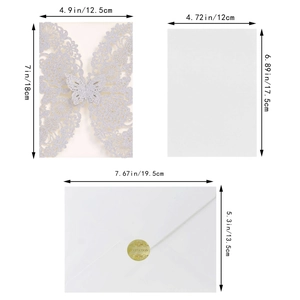 Detailed dimensions of silver glitter laser-cut butterfly invitation set with envelopes