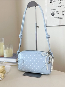 Retro Polka Dot Small Square Bag For Women Sweet PU Leather Crossbody Bag Artificial Pearl Pendant Letter B Underarm Shoulder Bag