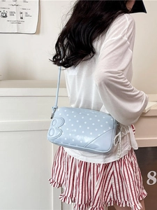 Light blue polka dot crossbody bag with pearl bow charm for women summer fashion